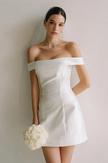 Off The Shoulder White Satin Bridal Shower Dress